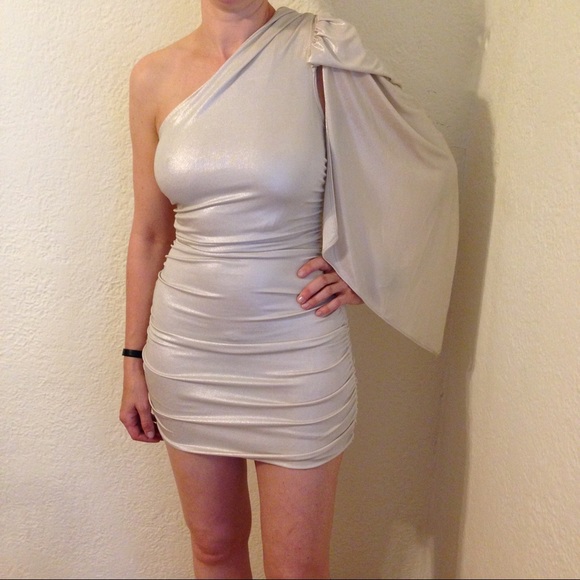 Bebe Dresses Bebe Gold Shimmer Open Back Draped Shoulder Dress Poshmark